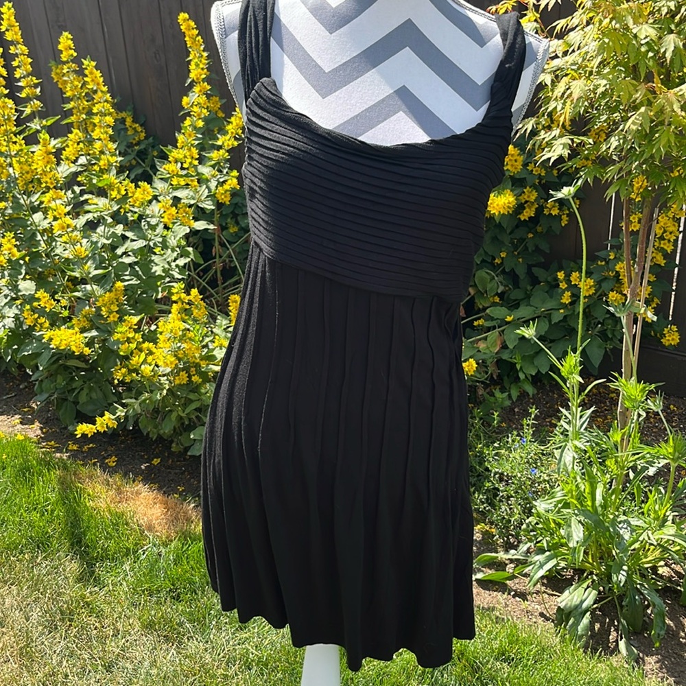 NWT Three Dots Black Ruched Square Neck Jersey Dress Casual Micromodal Stretch